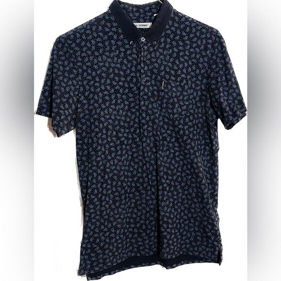 Men’s Ben Sherman Polo Collared Navy Blue Paisley Print Shirt SZ L 100% Cottton - Picture 1 of 7